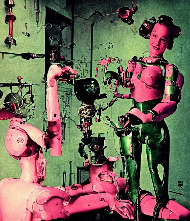 Image similar to a female mad scientist building a humanoid robot - man, in a darkly lit laboratory room, 1 9 5 0 s horror movie poster style, norman rockwell oil painting, tight shot, close - up shot, retro science fiction, vintage, saturated pink and green lighting, shadowy lighting, cohesive