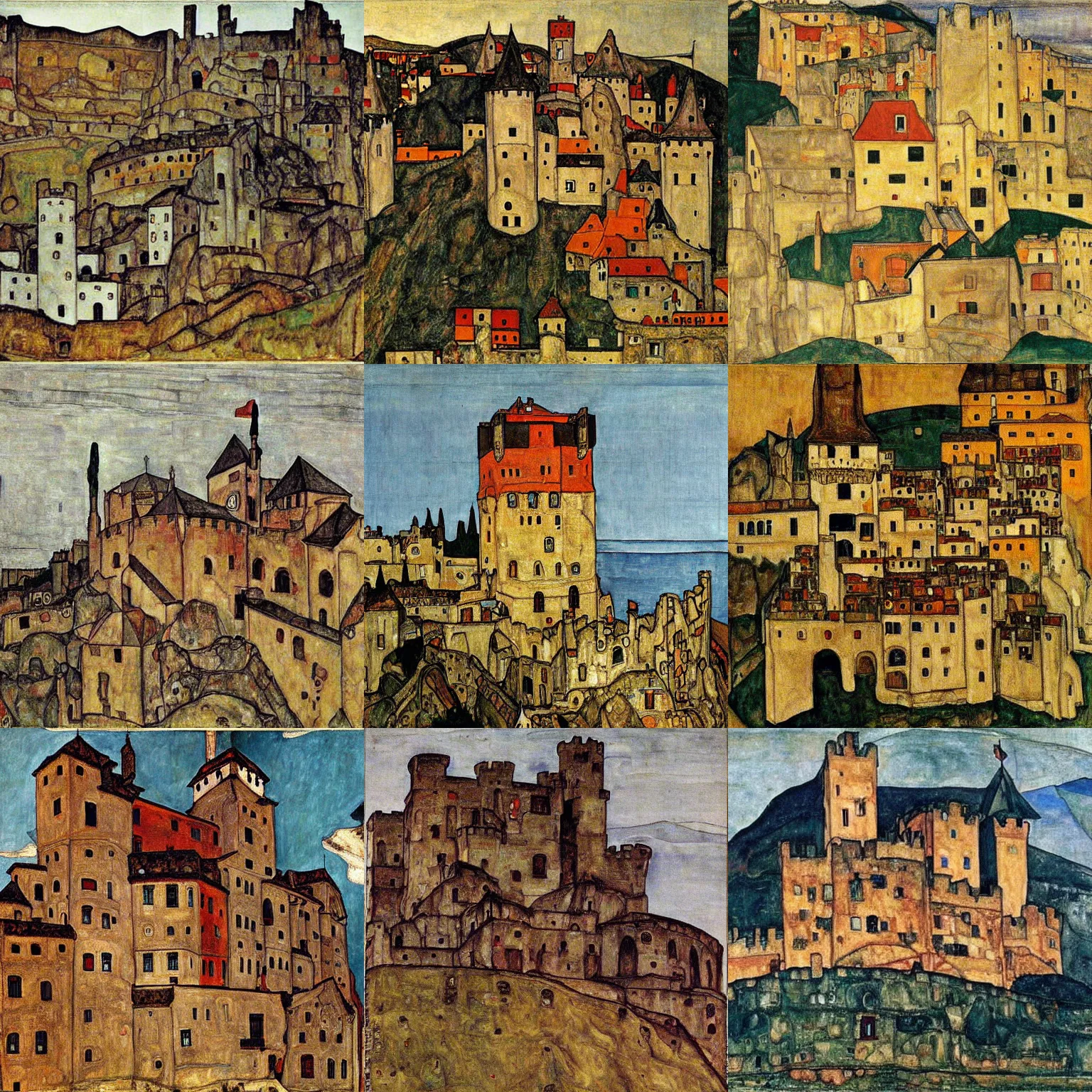 Prompt: medieval castle, by Egon Schiele