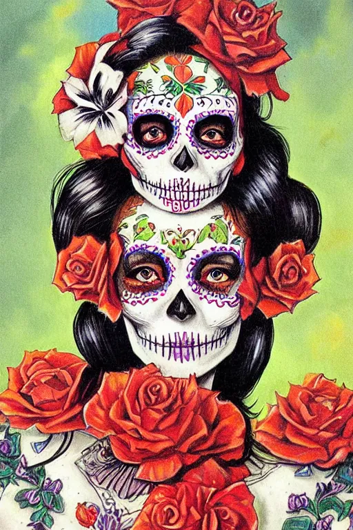 Prompt: Illustration of a sugar skull day of the dead girl, art by Earl Norem