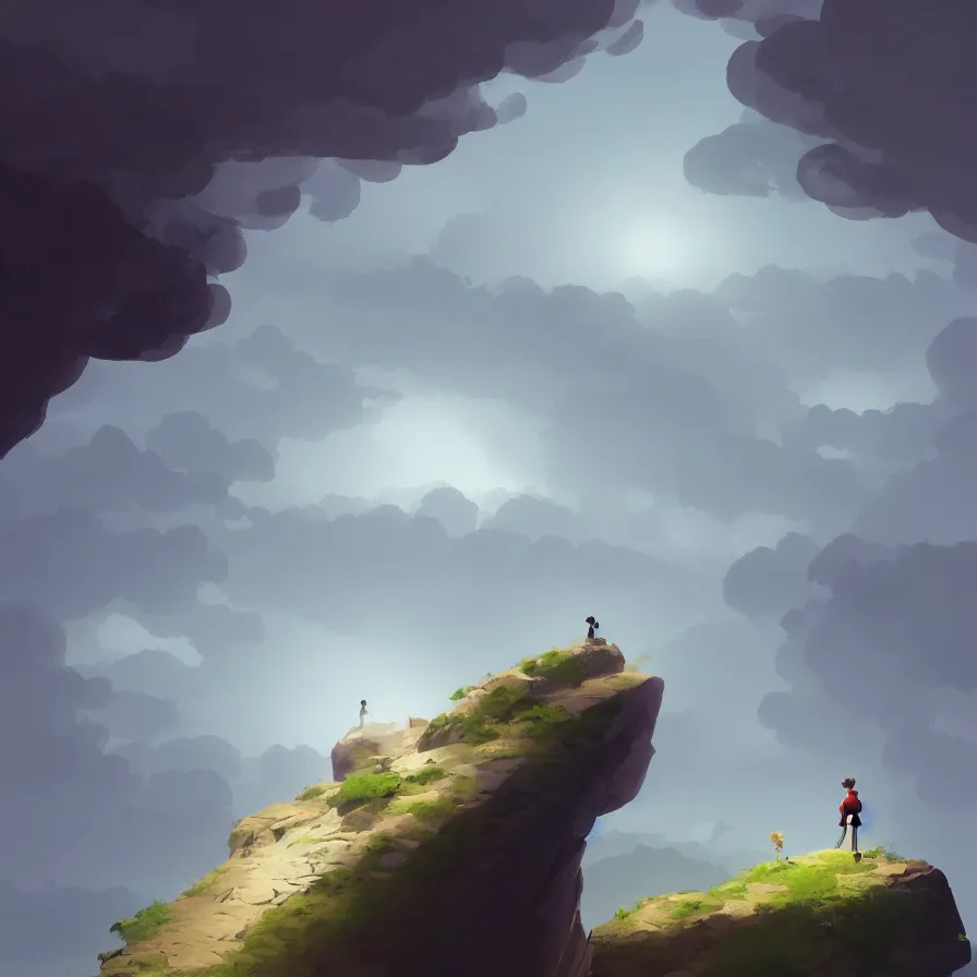 Image similar to Image from afar, man looking from the top of a large rock cliff, the sea hits the large stones hard, the clouds let through subtle rays of light, ilustration art by Goro Fujita, concept art, smooth, sharp focus, ArtStation