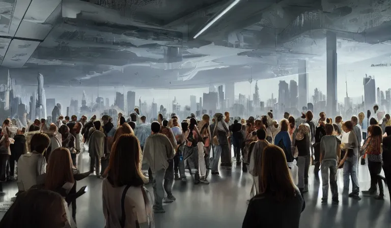 Image similar to crowd of people in simple white museum, looking at hologram of futuristic metropolis on a circular table, cinematic concept art, godrays, golden hour, natural sunlight, 4 k, clear details, tabletop model buildings, center model buildings, hologram center, crane shot, crane shot, crane shot, white walls