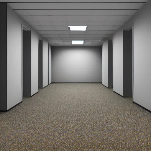 Image similar to 3 d render of jerma 9 8 5, jerma in a liminal space, non - euclidean space, endless halls of an office space, worn light mono - yellow 7 0 s wallpaper, old moist carpet, inconsistently - placed fluorescent lighting, high octane, blender, 3 d render