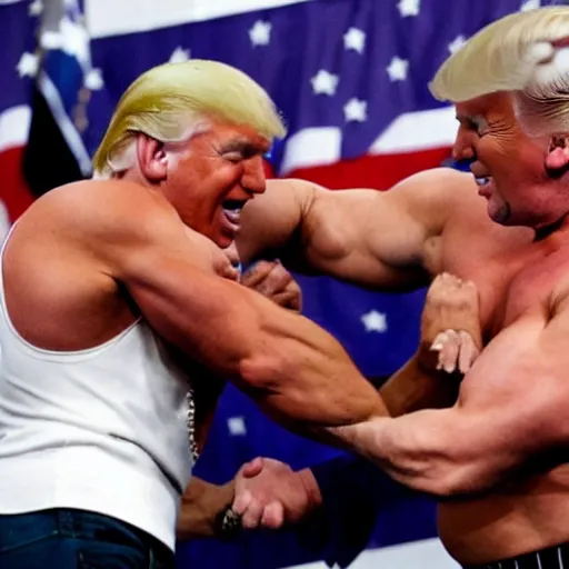 Image similar to an extremely buff Donald Trump wrestling a weak Anthony Fauci