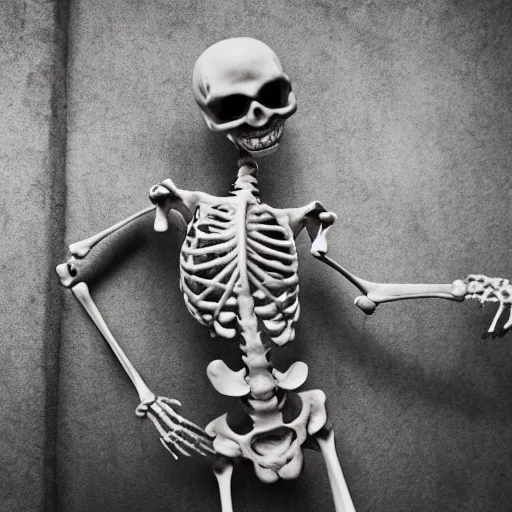 Prompt: a skeleton dancing without a care, artistic photography, f stop, iso, gray dungeon background, very realistic, action shot, touching sad photo