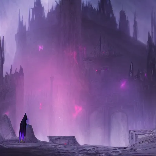 Image similar to a still of a hooded and cloaked figure in black standing in the ruins of crux prime, destroyed castle, purple and blue fiery maelstrom in the distance, digital art, artstationhq