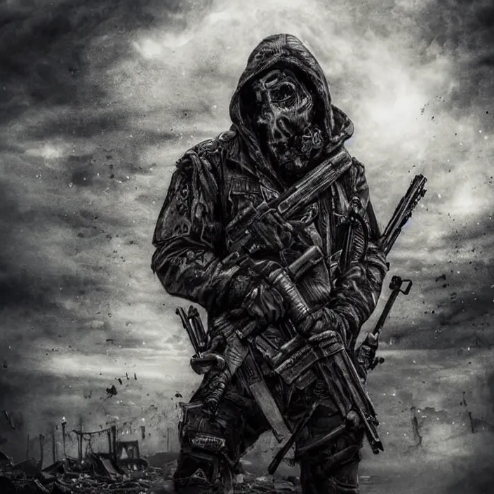 Image similar to gritty hooded apocalyptic man shouldering laser - rifle surrounded by destroyed machine, hyper - detailed, smooth, sharp focus, 4 k ultra hd, fantasy dark art, apocalyptic art