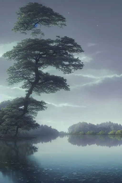 Image similar to vanishing point a single sakura tree upon a lake, viewed from afar, stephen bliss, mist, unreal engine, fantasy art by greg rutkowski, loish, rhads, ferdinand knab, makoto shinkai and lois van baarle, ilya kuvshinov, rossdraws, tom bagshaw, global illumination, radiant light, minimalist, detailed and intricate environment