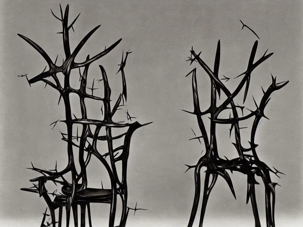 Prompt: humanoid gothic chair with thorns. karl blossfeldt, yves tanguy