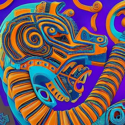 Image similar to coloured sculpture breathtakingly cool beautiful stylised mayan ornate biomechanical tiger, isometric perspective, 8 k