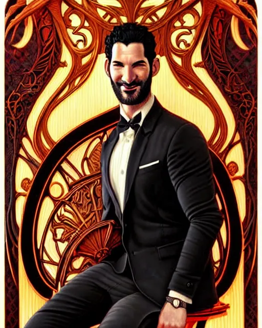 Image similar to tom ellis ( lucifer ) smiling portrait in a burning chair, art nouveau, fantasy, intricate devilish designs, elegant, highly detailed, sharp focus, art by artgerm and greg rutkowski and wlop