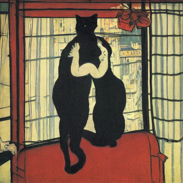 Image similar to couple under a baldachin with city seen from a window frame. fuzzy black cat. henri de toulouse - lautrec, utamaro, matisse, felix vallotton, rene magritte