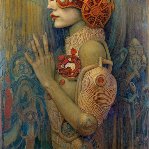 Image similar to the mechanical robot in her floral mask, by annie swynnerton and diego rivera and nicholas roerich and jean delville, symbolist, dramatic lighting, elaborate geometric ornament, art brut, soft cool colors, smooth, sharp focus, extremely detailed, adolf wolfli and donato giancola