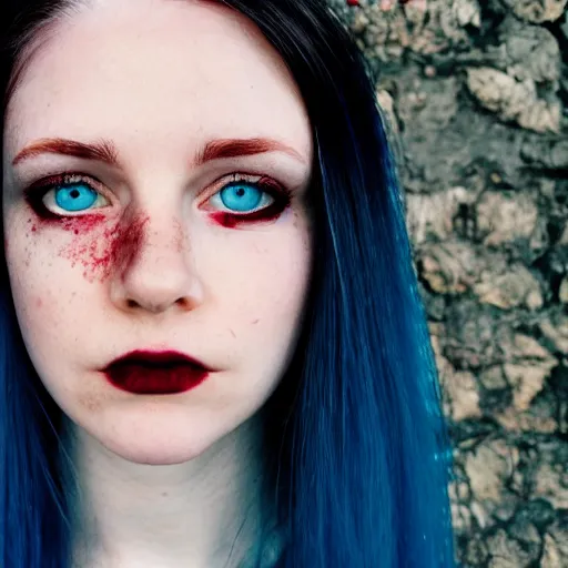 Image similar to a pale girl with piercing blue eyes and dyed wine red hair, soft facial features, looking directly at the camera, head shot, instagram picture