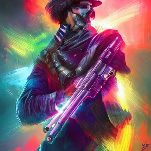 Image similar to a man shooting a pistol, but instead of a bullet the gun shoots a raven. colorful, bright, fantasy, artgerm, dnd, fantasy, rpg