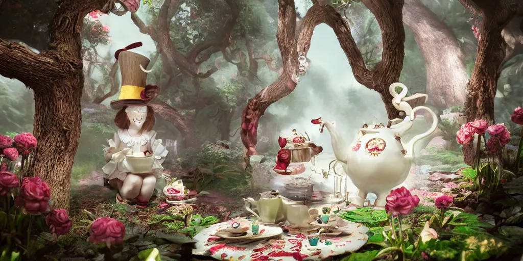 Prompt: alice in wonderland tea with mad hat 3 d, mistic atmosphere, cute, octane render, redshift render, intricate, insanely detailed, morning light, ambient occlusion, sub surface scattering, well rendered