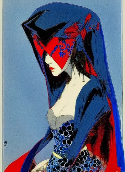 Image similar to portrait of mighty korean vampiress, jeweled veil, blue and red, strong line, saturated color, beautiful! coherent! by frank frazetta, high contrast, minimalism