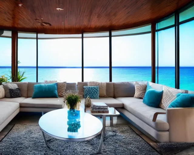 Image similar to A modern living room in a ocean hues style, ocean view, luxurious table, calm, relaxed style, harmony, wide angle shot, 8k resolution