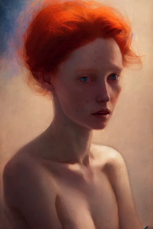 Image similar to of beautiful redhead female, beauty portrait by greg rutkowski, hilma af klint, moebius, victo ngai, sharp focus, global illumination, highly detailed, masterpiece, award winning, post processing