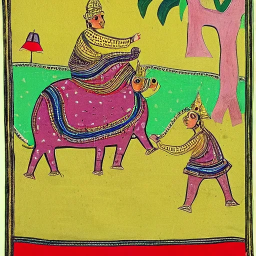 Image similar to boy with gold crown riding pig in style of Gond Paintings