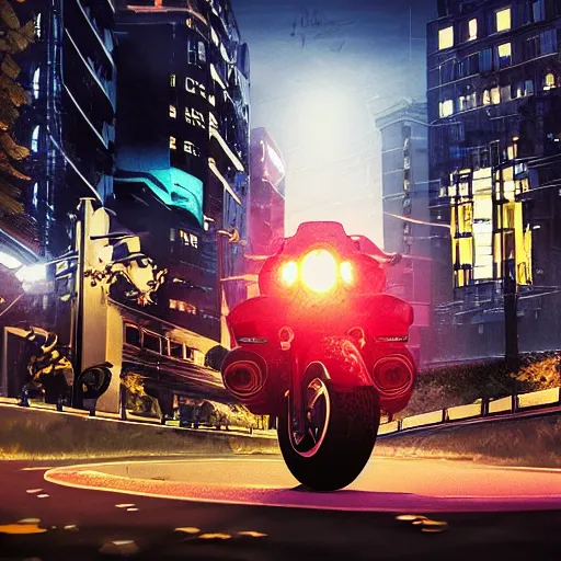 Image similar to extremely detailed and complex poster for night time motorcycle video game, night time, motorcycle, fog, mist, buildings, city, traffic signs, barriers