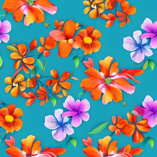 Prompt: Vector illustration of tropical flowers with multiple cohesive colors ranging from warms blues to bright oranges on a dark moldy blue background, 4K resolution