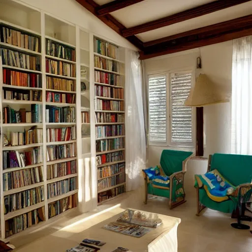 Image similar to expensive villa interior nearby a beach with a lot of books everywhere, really a lot of books, cosy atmosphere, beautiful lighting