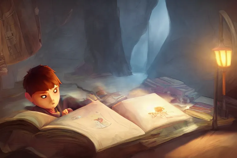 Prompt: kid reading a fantasy book under the blankets, warm light, matte painting, life is strange concept art, 3 d cell shading render