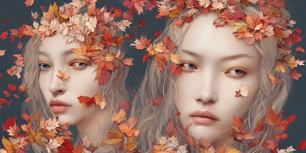 Image similar to breathtaking detailed concept art painting pattern of blonde faces goddesses amalgamation autumn leaves with anxious piercing eyes and blend of flowers and birds, by hsiao - ron cheng and john james audubon, bizarre compositions, exquisite detail, extremely moody lighting, 8 k