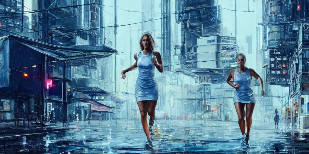 Prompt: ultra realistic painting of jessica alba in the 1 9 8 9 city of tacoma, wearing a wet white short dress, looking into the camera with a smirk while running in a cyberpunk city, art by ross draws, 4 k, ultra realistic, highly detailed, epic lighting