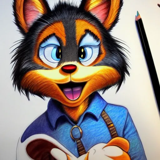 Image similar to colored Pencil drawing of cartoon furry character, highly detailed