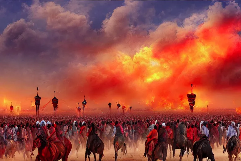 Image similar to karbala battle field, imam hussain, horses and people panicked, red cloudy sky, tents on fire, women running away, photo realistic painting