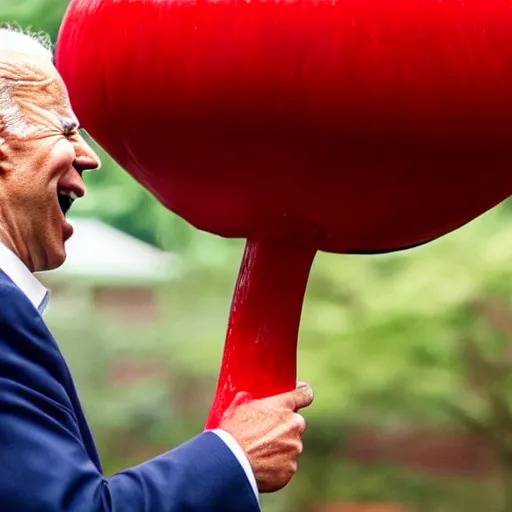 Image similar to portrait photo of Biden finding a giant red mushroom, exhilarated, portrait, closeup. mouth open, 30mm, bokeh