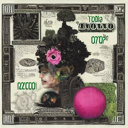 Image similar to post - punk new age album cover, asymmetrical design, dollar bank notes, capitalism, magic, apocalypse, psychedelic, black white pink, magic, giger h. r., giuseppe arcimboldo