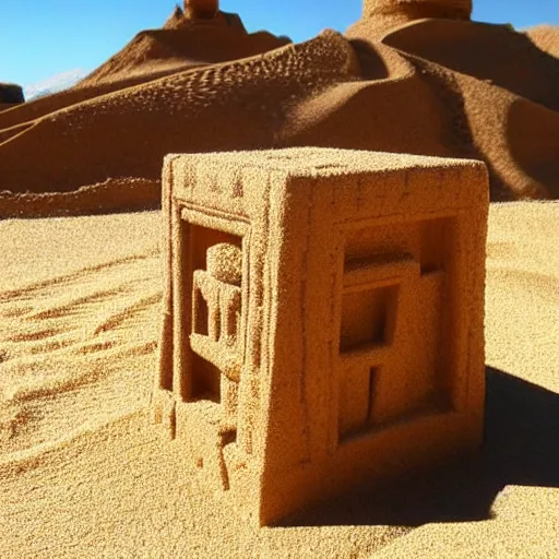 Image similar to desert temple in sand with cube