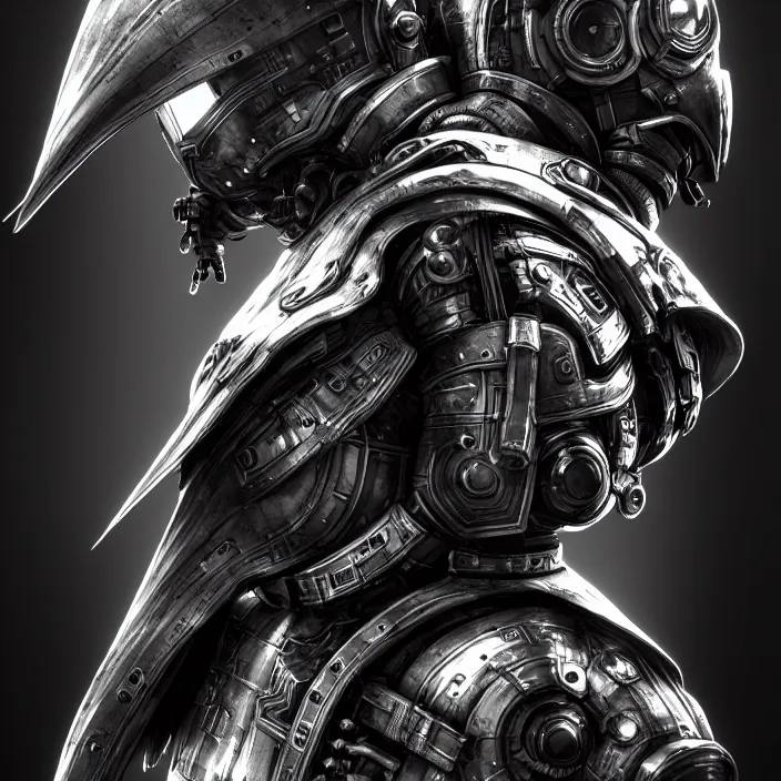 Image similar to a vertical portrait of a character in an spaceship by nihei tsutomu, black and white, dreamy, steampunk armor, highly detailed, 3 d render, vray, octane, realistic lighting