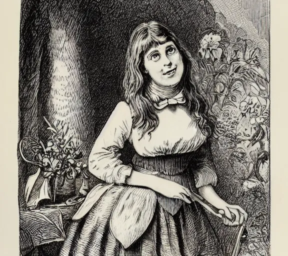 Prompt: Tenniel illustration portrait of Alice looking happy, Lewis Carrol