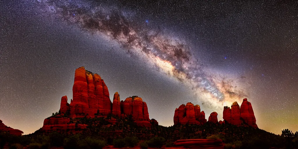 Image similar to long distance shot, sedona's cathedral rock bluff, night, milky way, intricate lines, elegant, extreme detail, sharp focus, photo realistic, ultra realistic, photographic