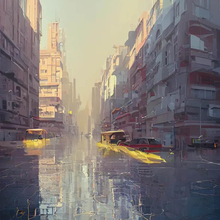 Prompt: morning flood in an empty city, , painted by James Gilleard, airbrush