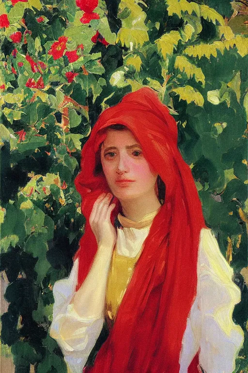 Image similar to a girl with arabesque red and green and golden detailed scarf near bougainvillea and mexican palms, persian carpet, painting by john singer sargent