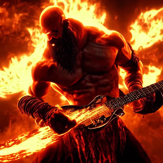 Prompt: glowing demon eyes kratos shredding on a flaming stratocaster guitar, cinematic render, god of war 2 0 1 8, santa monica studio official media, flaming eyes, lightning