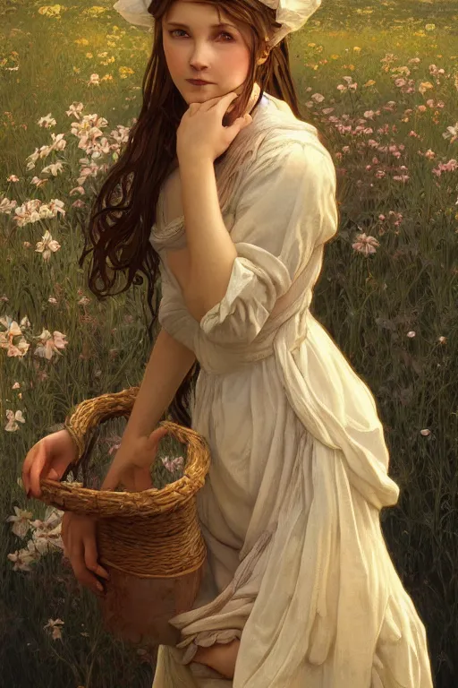 Image similar to beautiful cottagecore young peasant maiden, innocent, intricate, elegant, highly detailed, digital painting, artstation, concept art, smooth, sharp focus, illustration, art by artgerm and greg rutkowski and alphonse mucha