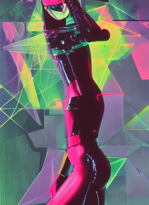 Prompt: futuristic lasers, data visualization, cyberpunk bodysuit, mask, laserpunk, visor, rain, wet, oiled, sweat, girl pinup, by steven meisel, james jean and rolf armstrong, geometric cubist perfect geometry abstract acrylic and hyperrealism photorealistic airbrush collage painting with menocjrome muted and neon fluorescent colors, 8 0 s eros