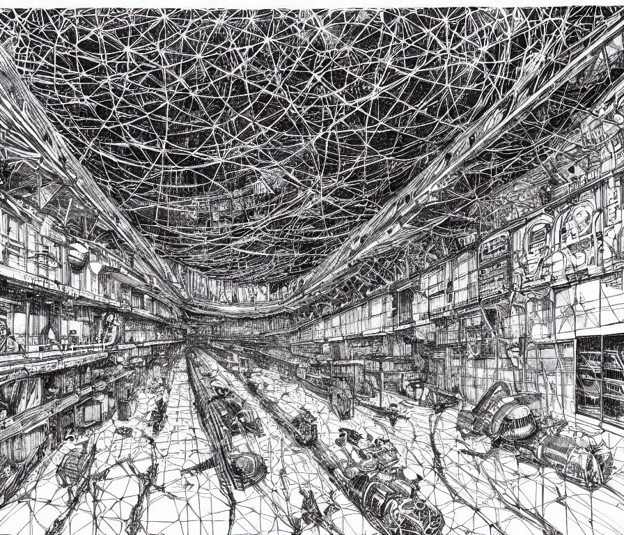 Image similar to empty very dark cargo hall and large corridor of huge huge space ship containing cages with cosmic animals ultra detailed ink drawing by james jean