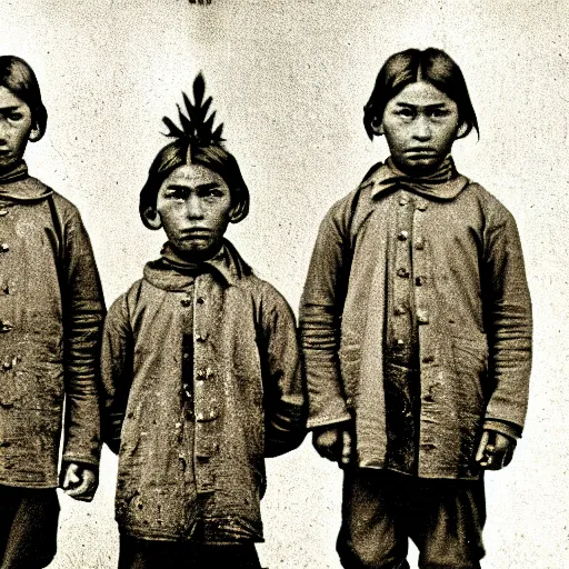 Image similar to sepia Photo of 3 Sioux boys before and after they entered an Indian boarding school in 1883.