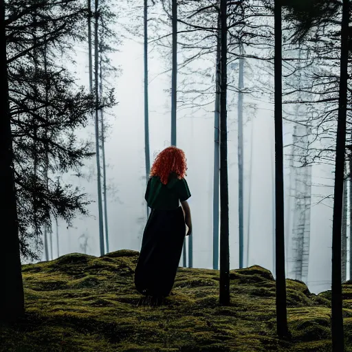 Prompt: photography of a dreaming woman standing to the right in frame with a rimlight, in a forest clearing on a small hill looking towards a mountain distant background, swedish northern forest, aurora borealis, canon 5 d, 4 k, cinematic, fog and haze, elegant, medium format, analog photography, depth of field