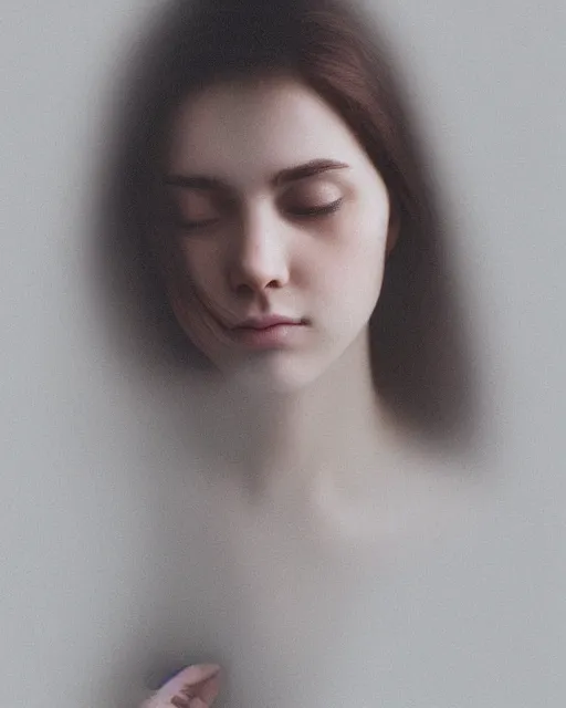 Prompt: photorealistic portrait of a beautiful young woman, very blurry, out of focus, translucent stone white skin, closed eyes, foggy, closeup