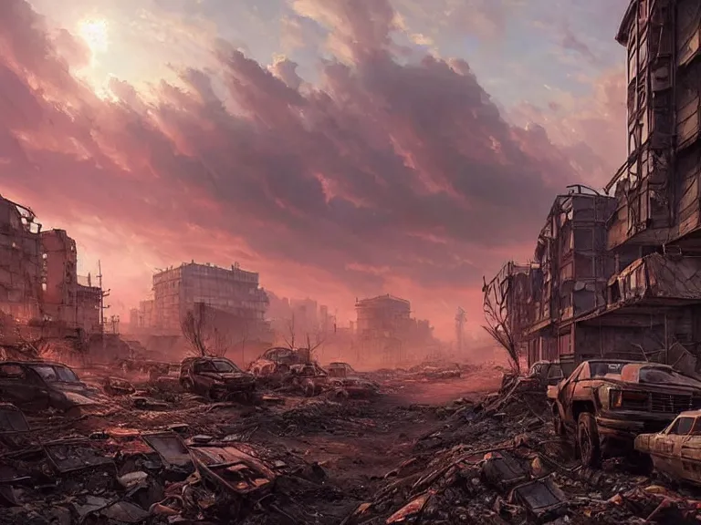 Image similar to postapocalyptic city of syzran!!!, militaristic!!!, rubble, hyperrealistic, highly detailed, cinematic, pink sunlight, romantic, beautiful, cgssociety, artstation, 8 k, oil painting by greg rutkowski, by artgerm, by wlop