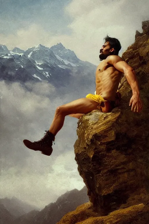 Prompt: a homoerotic portrait by greg rutkowski and albert bierstadt of a shirtless handsome desi hiker on a mountain peak | he is wearing a revealing yellow tartan kilt, cowboy hat, and leather boots | background is snowy mountains and clouds | detailed face, ethereal, dreamlike | trending on artstation