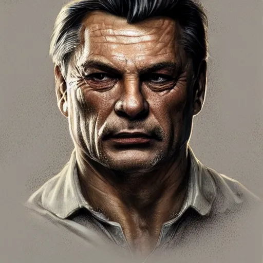 Image similar to portrait of a ruggedly handsome viktor orban, soft hair, muscular, half body, leather, hairy, d & d, fantasy, intricate, elegant, highly detailed, digital painting, artstation, concept art, smooth, sharp focus, illustration, art by artgerm and greg rutkowski and alphonse mucha