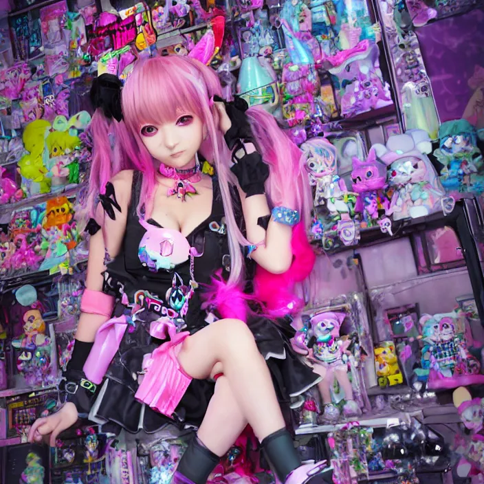 Image similar to 3 d anime render of a decora gyaru kawaii cybergoth emo fashion model vtuber, in a cyberpunk blade runner maximalist city of my melody sanrio plushies, artstation cgsociety